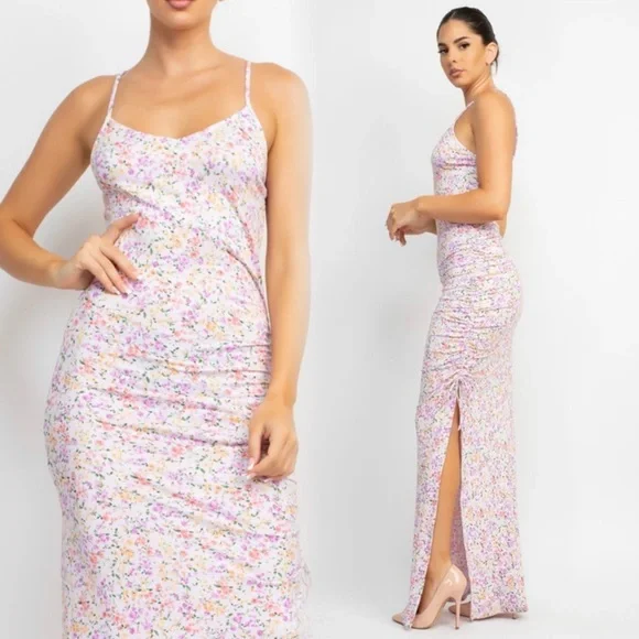 Summer Floral Maxi Dress With Slit and Ruched detail - Picture 3 of 6